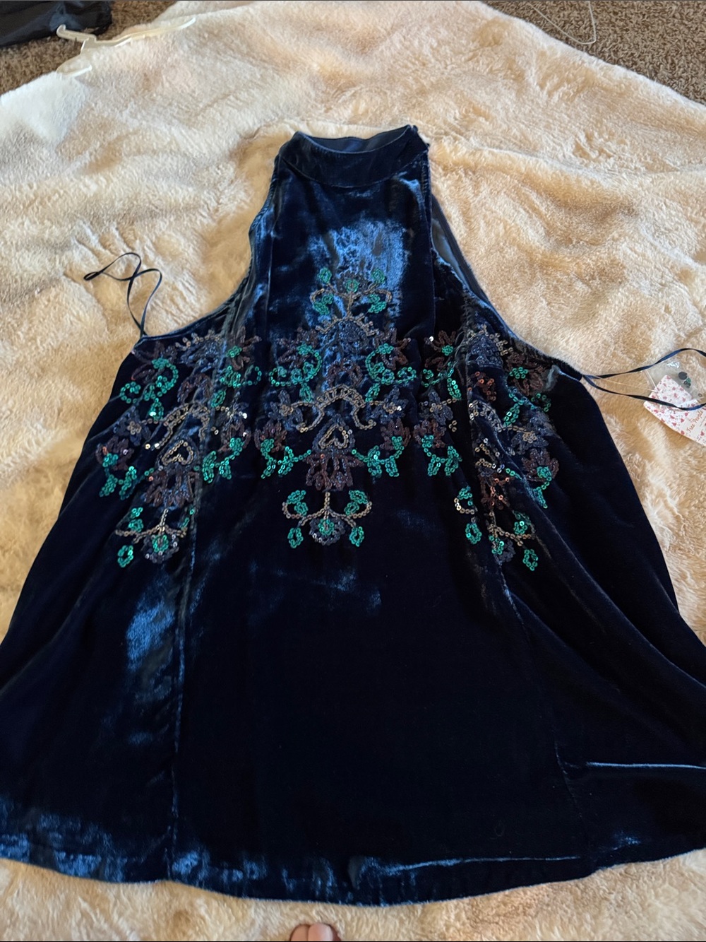 Free People Floral Tag with Navy Ribbon